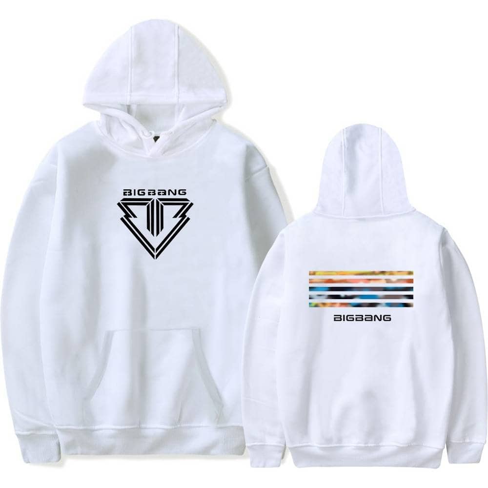 2. White hoodie featuring BIGBANG logo on the front and colorful abstract stripes on the back, ideal for fans and casual wear.