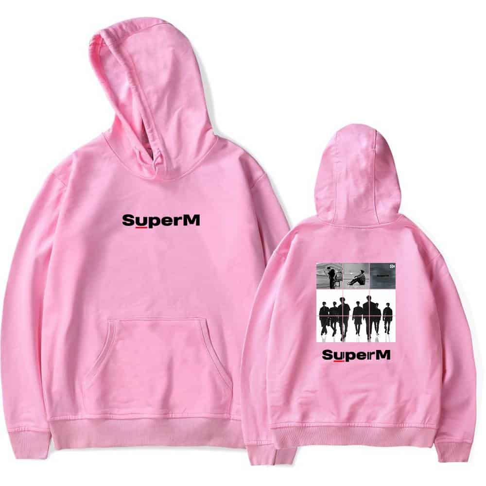 SuperM pink hoodie with graphic design featuring black and white photos and the SuperM logo on the back and front. Perfect for fans or casual wear. Made of soft, comfortable material.