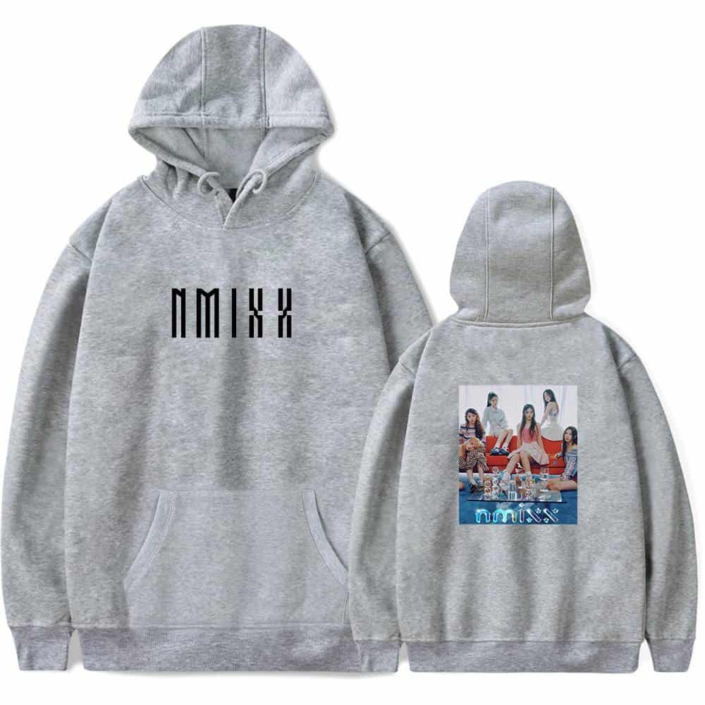 NMKX gray hoodie with front text and back family photo design, casual unisex streetwear, perfect for fans of K-pop groups or pop culture memorabilia, stylish and comfortable for everyday wear.
