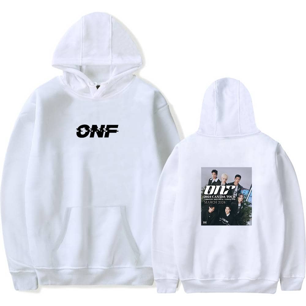 ONF white hoodie with front "ONF" logo and back graphic of the group with tour information, perfect for fans and casual wear.