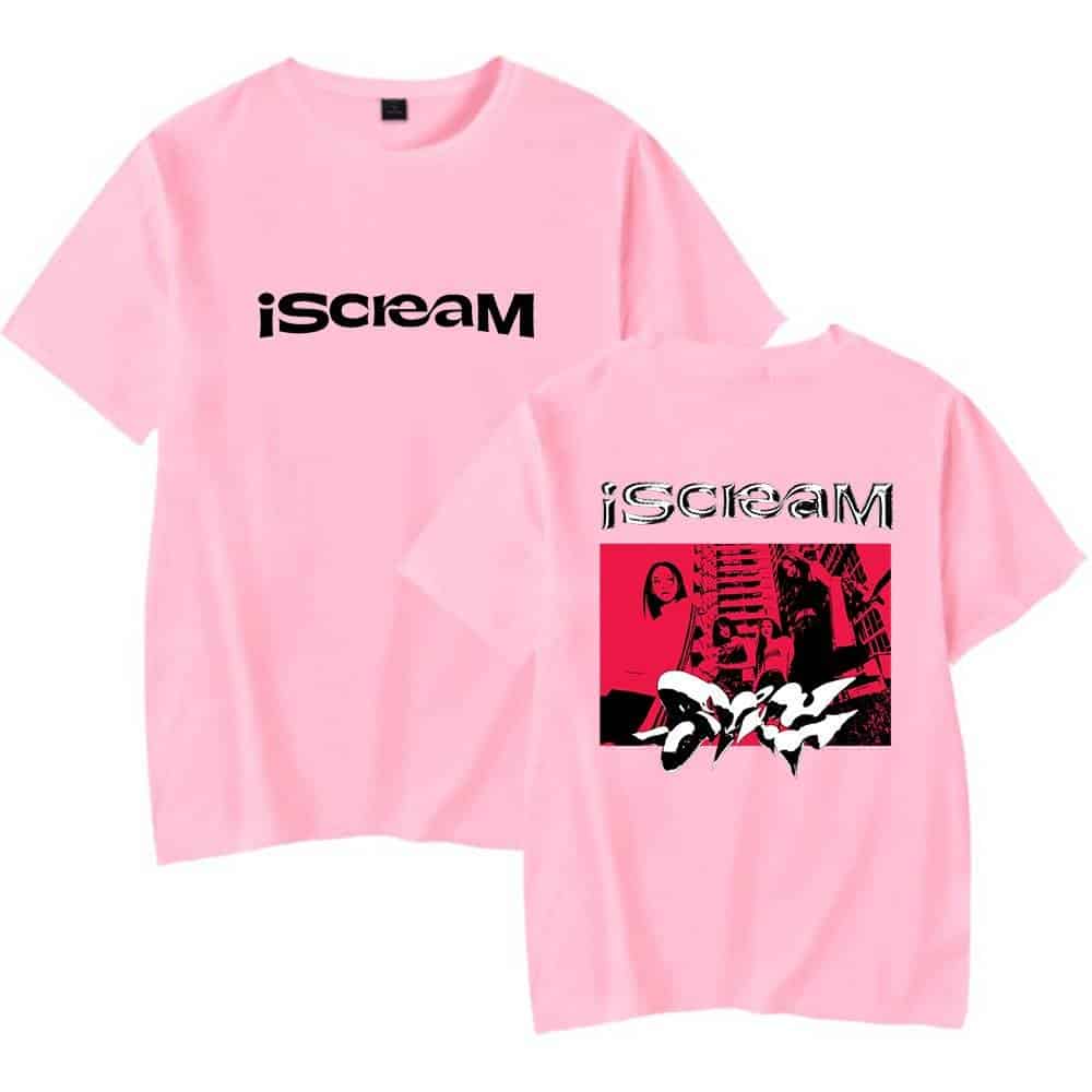 Iscream pink graphic T-shirt with bold logo and street art design on back.