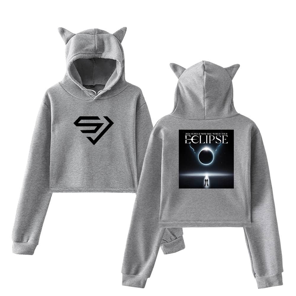 Superhero-inspired grey hoodie with cat ears and a front logo, perfect for fans of crossover merchandise.