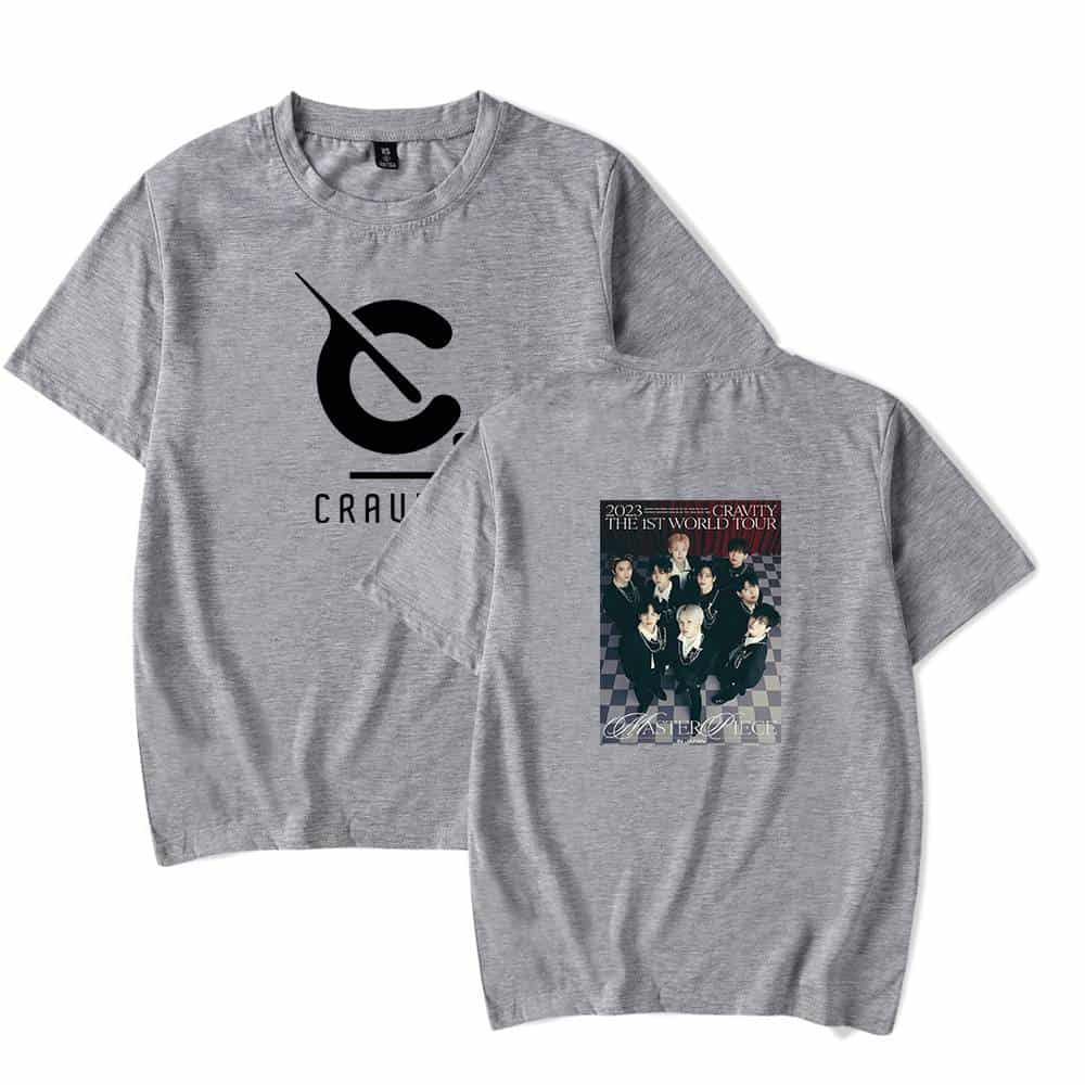 2023 Gravity The 1st World Tour T-shirt mockup featuring a band photo design. Casual grey crewneck tee with front and back prints, ideal for fans and merchandise displays.