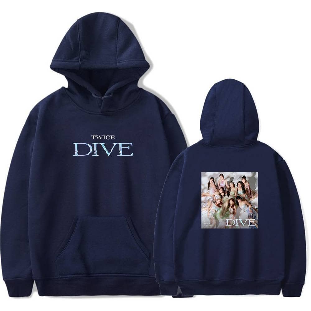DIVE hoodie with TWICE logo front and group photo back featuring TWICE members in colorful outfits on a navy blue sweatshirt. Perfect merch for TWICE fans and K-pop enthusiasts.