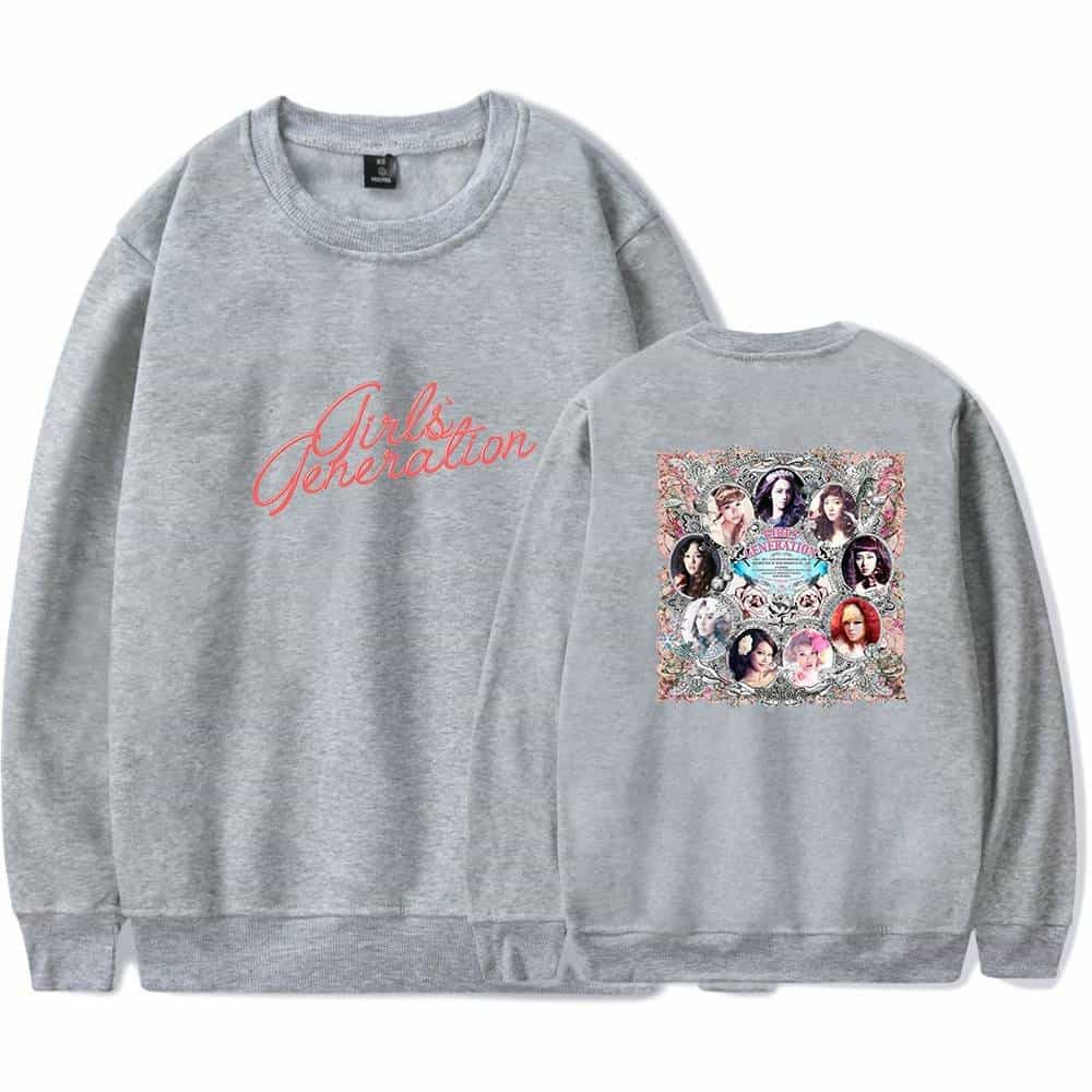 Girls Generation sweatshirt with a front "Girls Generation" text and a back graphic featuring multiple members of the group, perfect for K-pop fans.