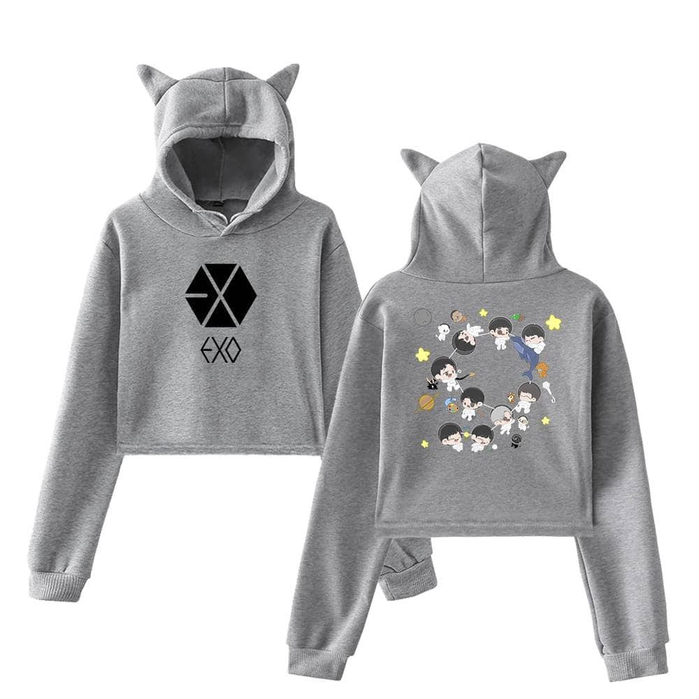 EXO mascot-themed grey hoodie and sweatpants set for kids, featuring cute cartoon characters and playful design elements, perfect for fans of the K-pop group.