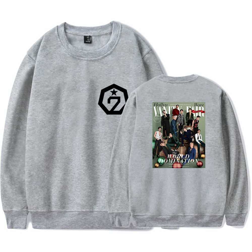 Genuine merchandise sweatshirt featuring a monochrome logo on the front and a vibrant magazine cover design on the back showcasing a group of stylish individuals. Perfect for fans and collectors.