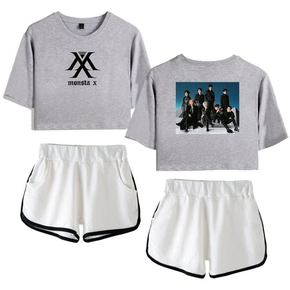 Monsta x gray cropped hoodie with black logo and group photo back print, white athletic shorts with black trim, trendy casual K-pop merchandise, stylish apparel for fans of the group.