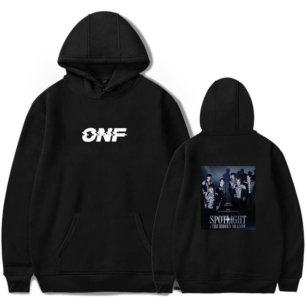 ONF black hoodie featuring the group’s logo on the front and an album cover print of "SPOTLIGHT: THE HIDDEN SHADOW" on the back, perfect for fans and streetwear style.