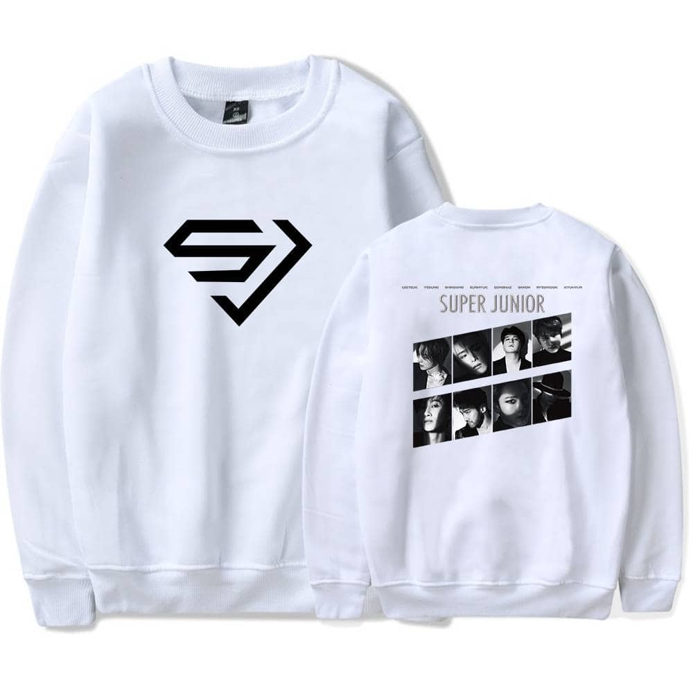 Super Junior merchandise sweatshirt featuring their logo on the front and a collage of member photos on the back. Perfect for fans to show support and enjoy stylish K-pop fashion.