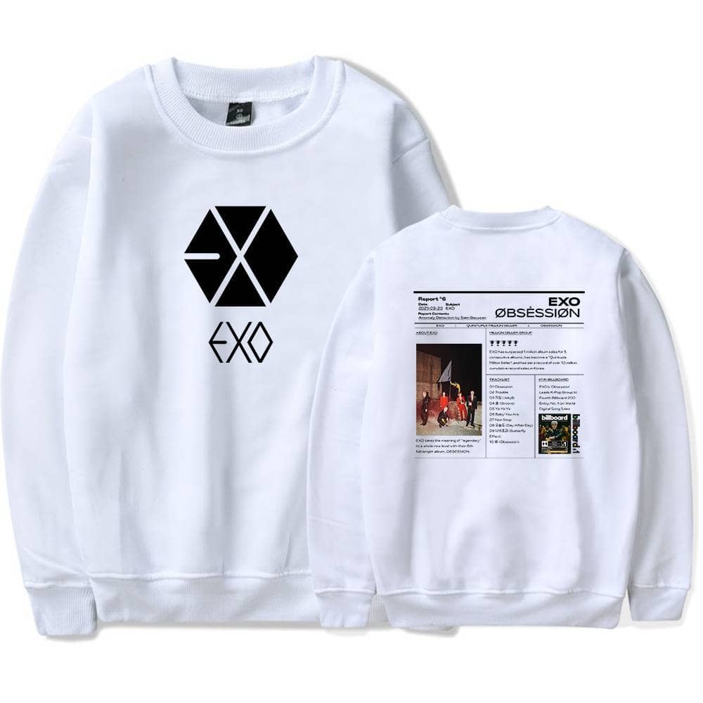 Black EXO logo on white sweatshirt, front view.