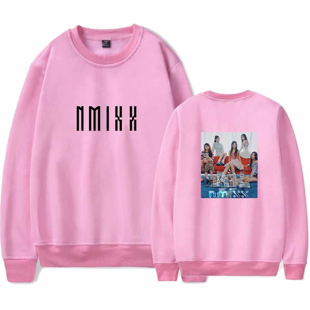 Nmixx pink sweatshirt with graphic on back and logo on front.