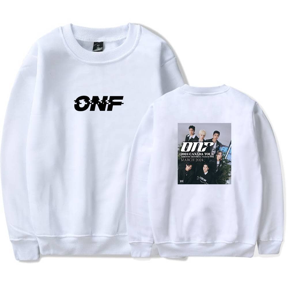 ONF merchandise sweatshirt featuring the group's logo on the front and a tour poster on the back. Perfect for fans to showcase their support for the K-pop band. Made from comfortable, high-quality fabric.