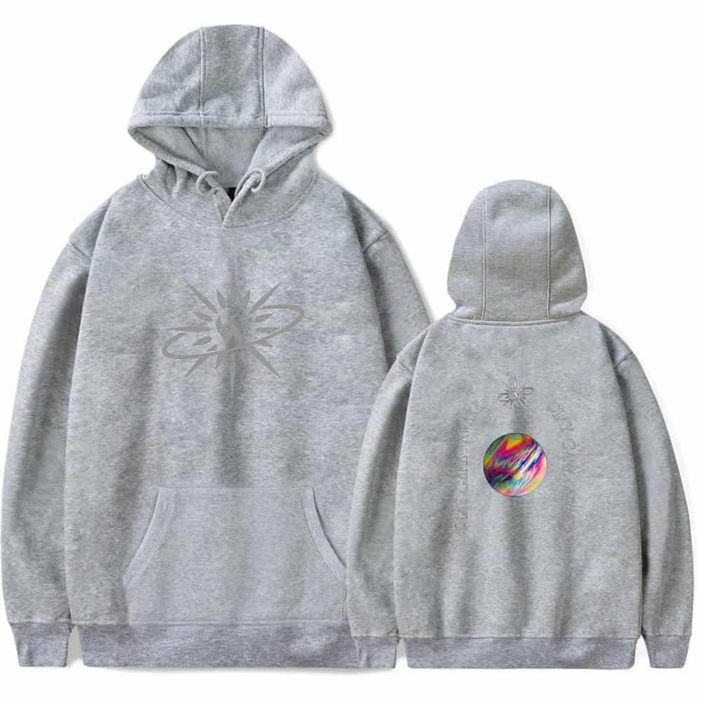 Gray hoodie with a subtle graphic design on the front and a colorful, abstract pattern on the back, perfect for casual wear and street style fashion.