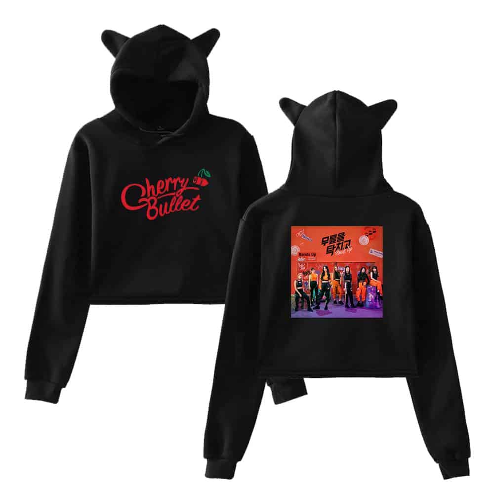 Cherry Bullet hoodie with a front logo, hood with animal ears, and a colorful back graphic featuring the group members. Perfect for fans of the K-pop girl group Cherry Bullet.