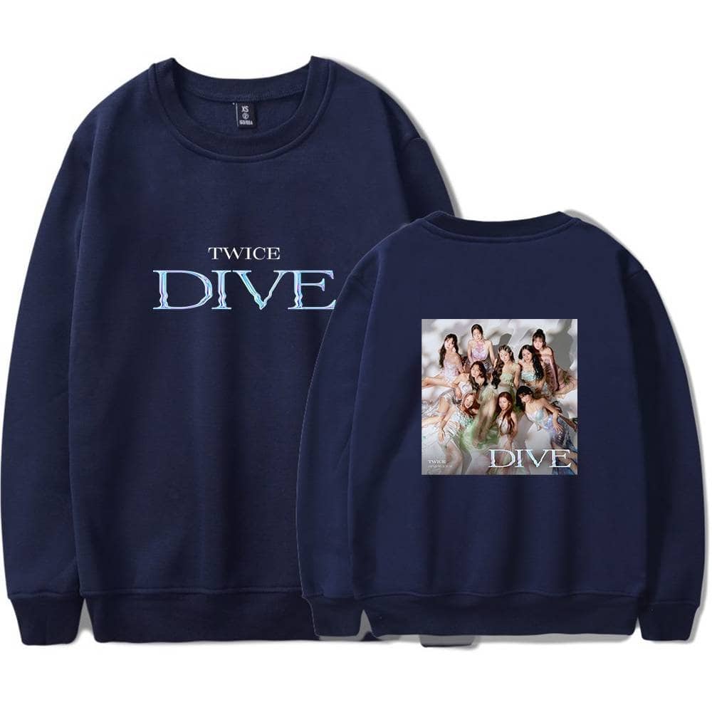Twice dive sweatshirt with group photo design, navy blue, casual and trendy merchandise for fans of TWICE.