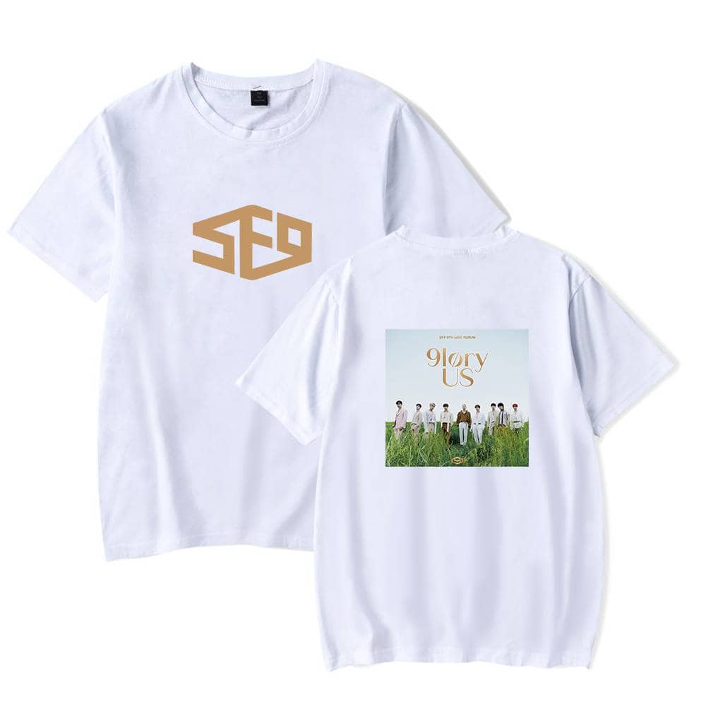SC9 merchandise t-shirt featuring a minimalist logo on the front and a band promotional image on the back, perfect for fans of the group.