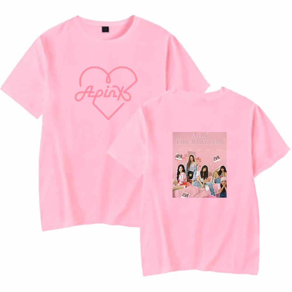 Apink merchandise pink T-shirt with front heart logo and back photo collage.