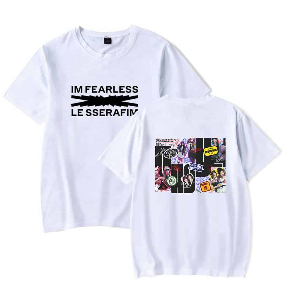 IM FEARLESS LE SSERAFIM graphic t-shirt, white unisex streetwear merch for fans of the K-pop girl group, featuring bold text and collage design elements.