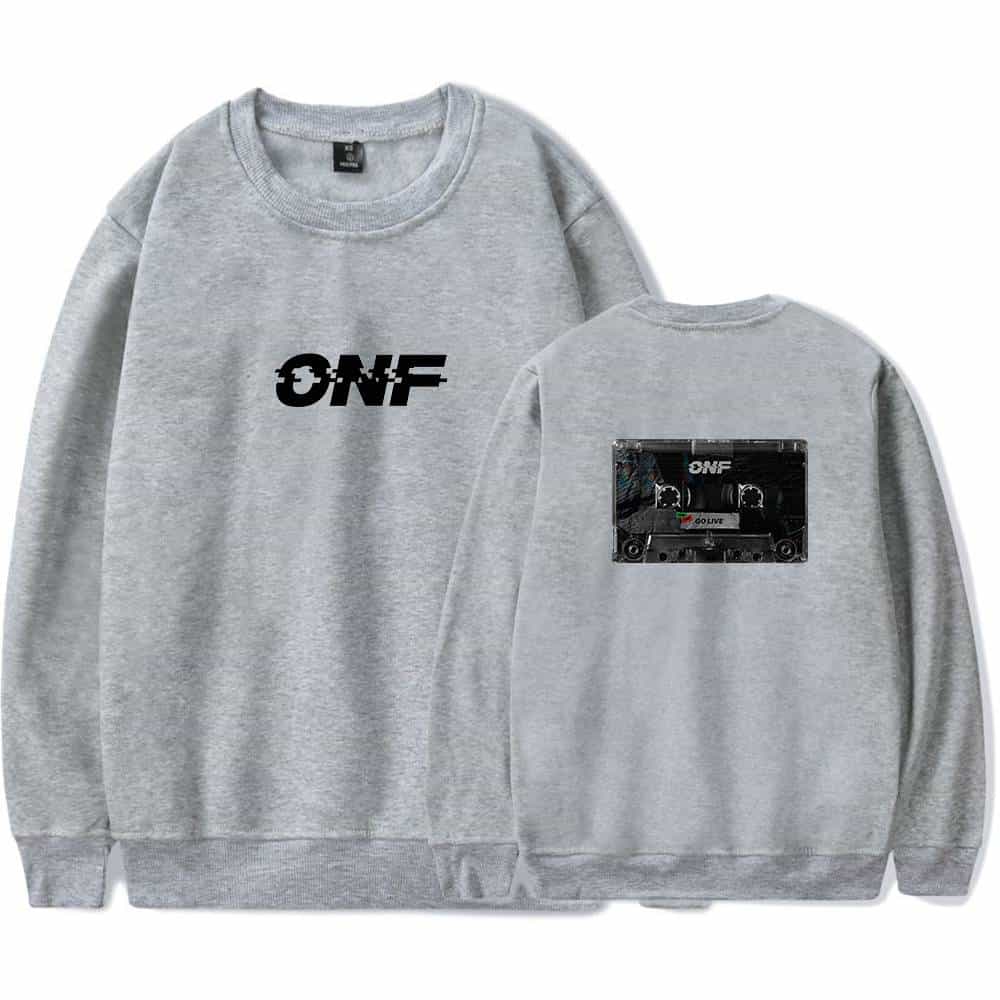 ONF logo sweatshirt with cassette tape graphic on back, casual streetwear style, gray color, unisex, perfect for music lovers and vintage aesthetic fans.