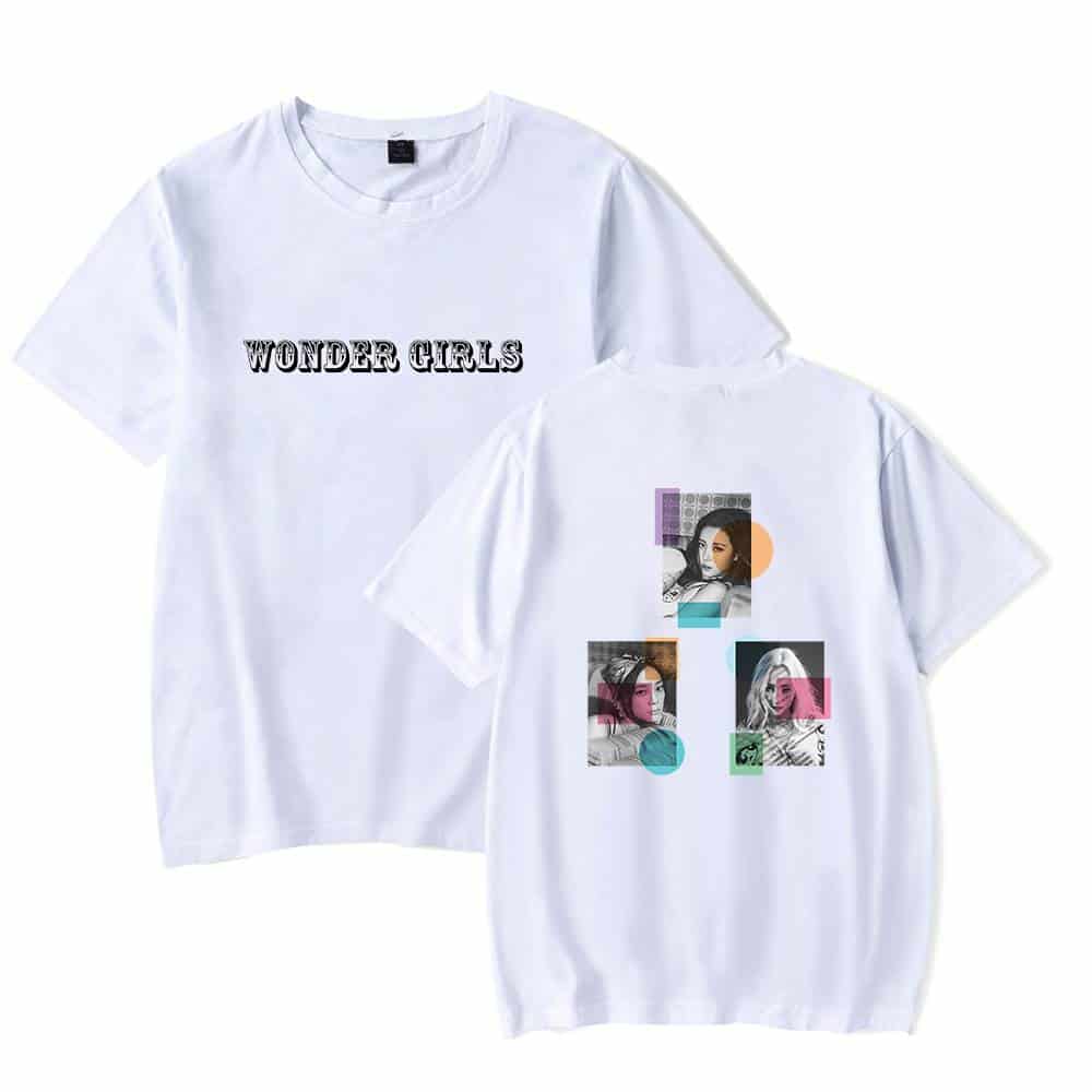 Wonder Girls white graphic t-shirt with retro-style design featuring colorful images of the popular girl group. Perfect for fans and casual wear.