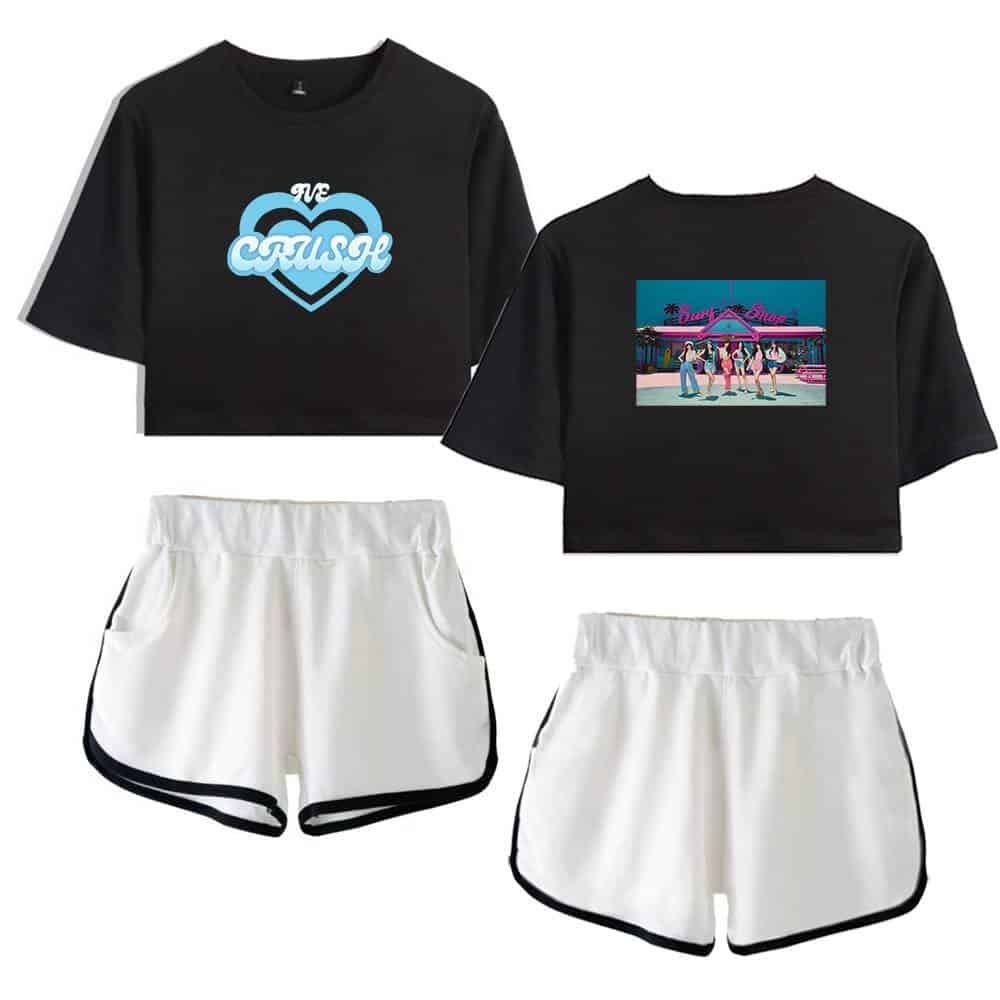 Cruise-themed casual outfits featuring black cropped T-shirts with "Cruise" and "Beach Vibes" graphics, paired with white sporty shorts with black trim. Perfect for a summer day or seaside outing.