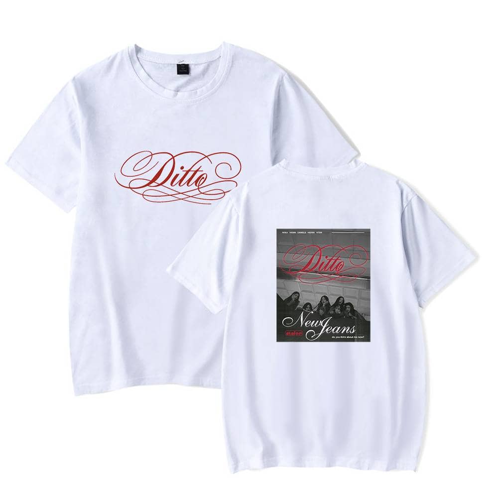 Ditto logo printed on front of white T-shirt with a graphic design on the back featuring a group of women and a stylized "Ditto" text. Perfect casual merch item for fans.