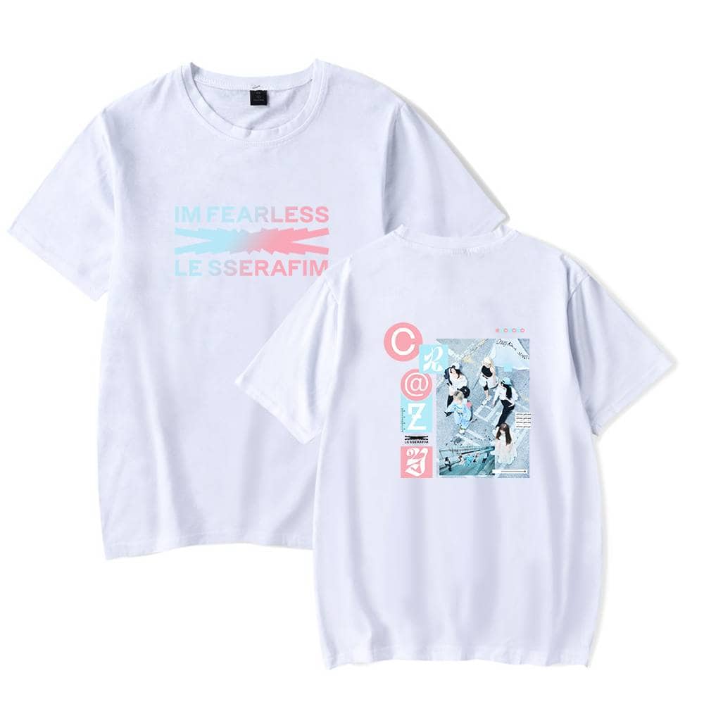 IM FEARLESS LESS LE SSER AFIM graphic tee, fashionable cotton t-shirt featuring pastel design and group photo, perfect for K-pop fans.