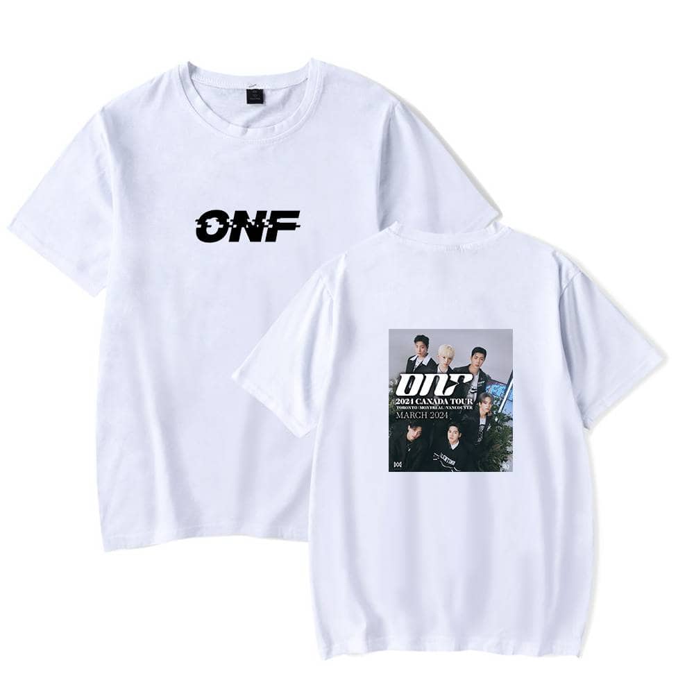 ONF white graphic t-shirt with band logo on front and promotional photo on back for tour merchandise. Perfect for fans and casual wear. High-quality cotton material for comfort.