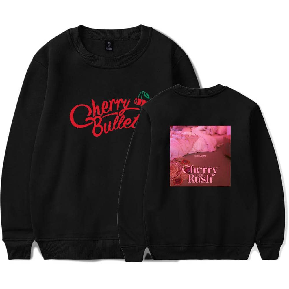 Cherry Bullet sweatshirt with both front and back designs, featuring bold content and a pink-themed graphic. Perfect casual merch for fans of the K-pop group.