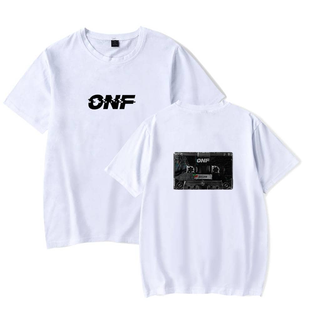 ONF logo t-shirt with cassette tape graphic, casual unisex wear, minimalist design, perfect for music lovers and streetwear enthusiasts.
