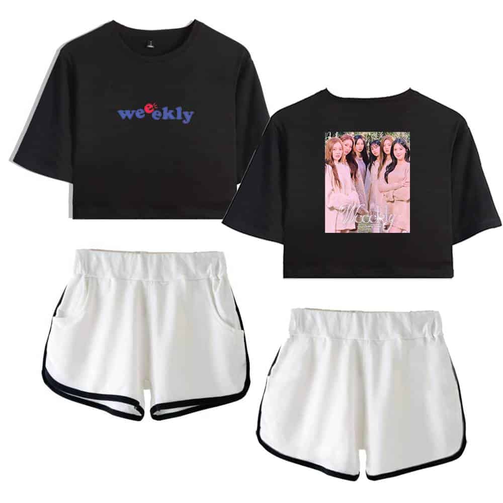 Weeekly logo crop top with girl group photo print, casual and trendy merchandise, perfect for fans and everyday wear, black short-sleeve T-shirt with colorful design, and matching white athletic shorts with black trim, stylish and comfortable merchandise for K-pop enthusiasts.