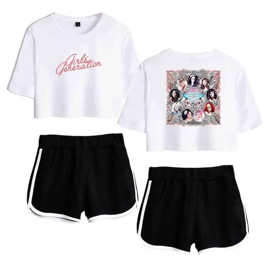 Girls' Generation graphic t-shirt and casual shorts matching set, perfect for fans and everyday wear, featuring iconic group imagery and comfortable design.