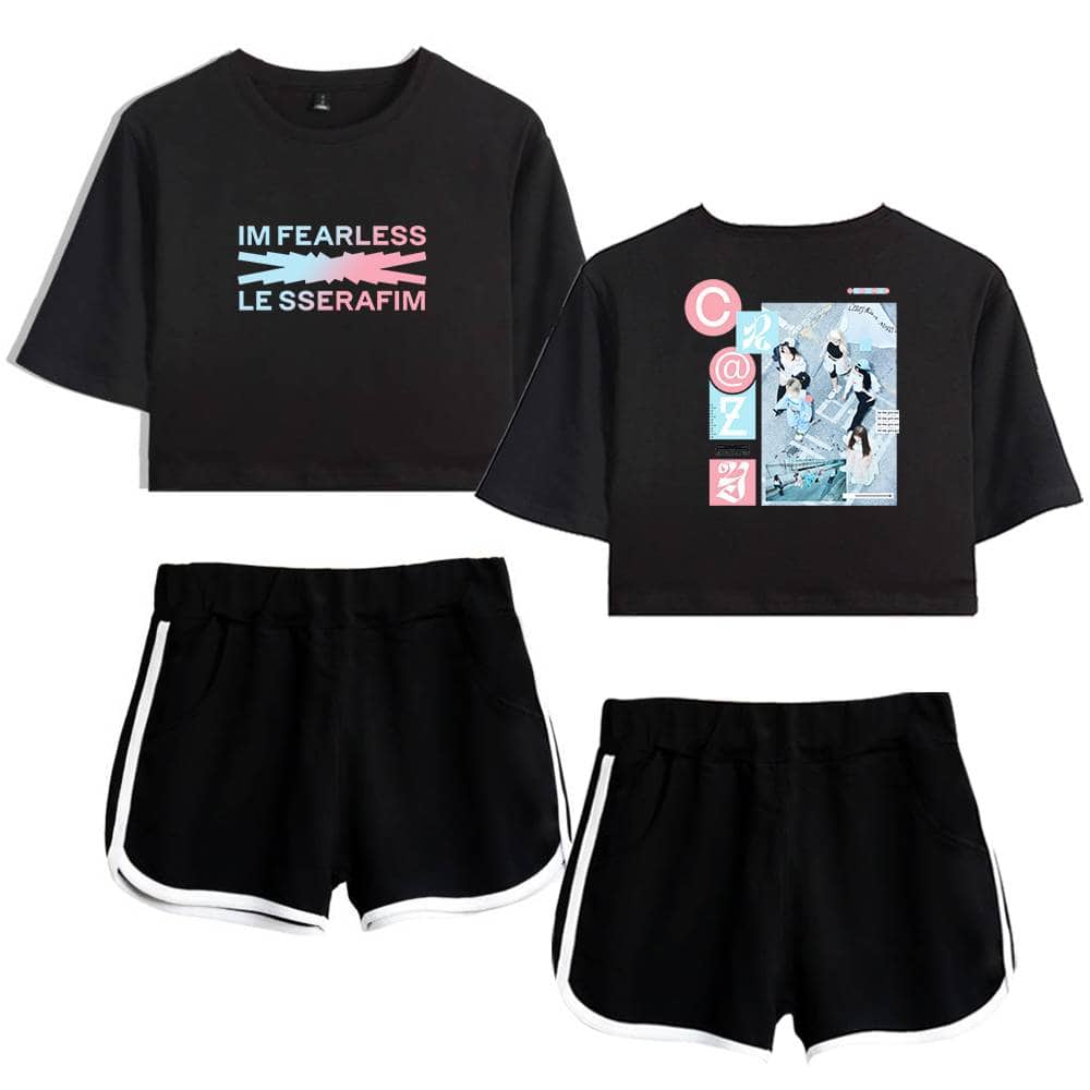 Bright casual athletic outfit featuring two black cropped t-shirts with pastel graphic designs and pairs of black shorts with white trim, perfect for activewear or loungewear.