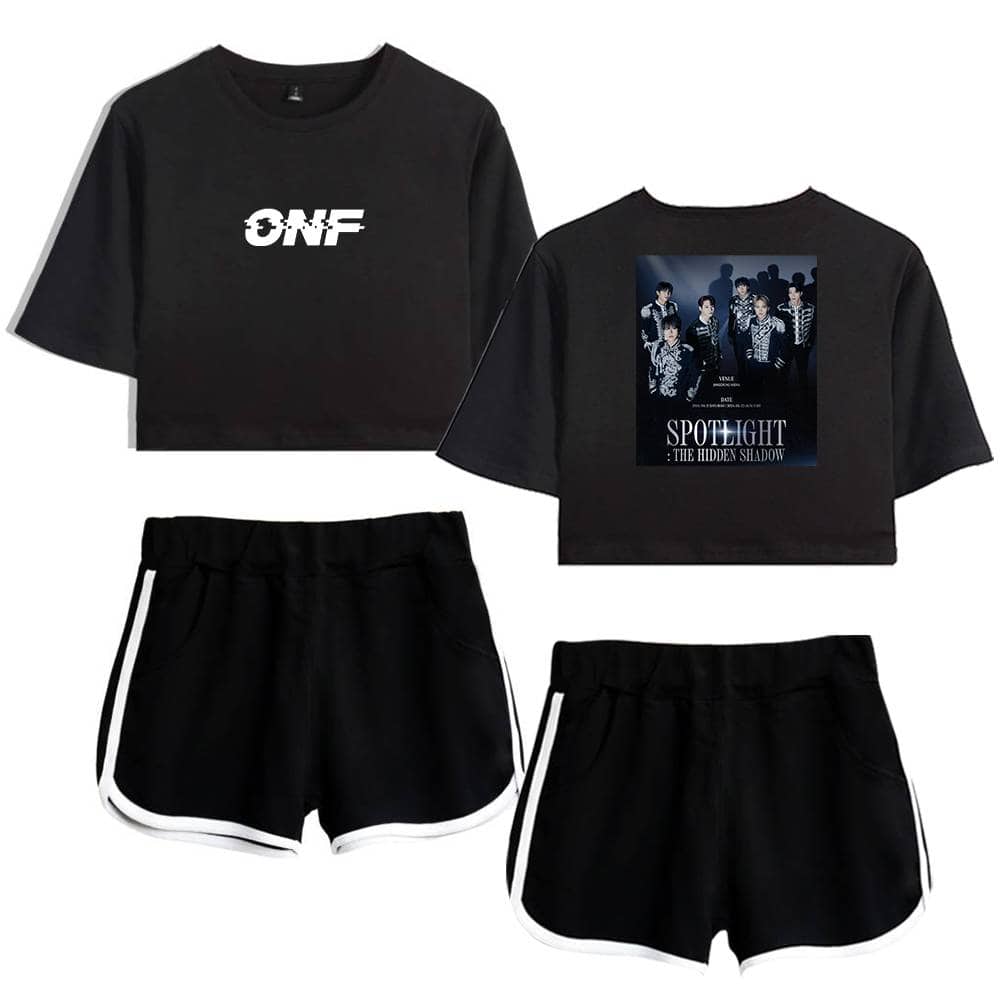 ONF t-shirt and shorts merch set with group photo and graphic designs, ideal for fans and casual wear.