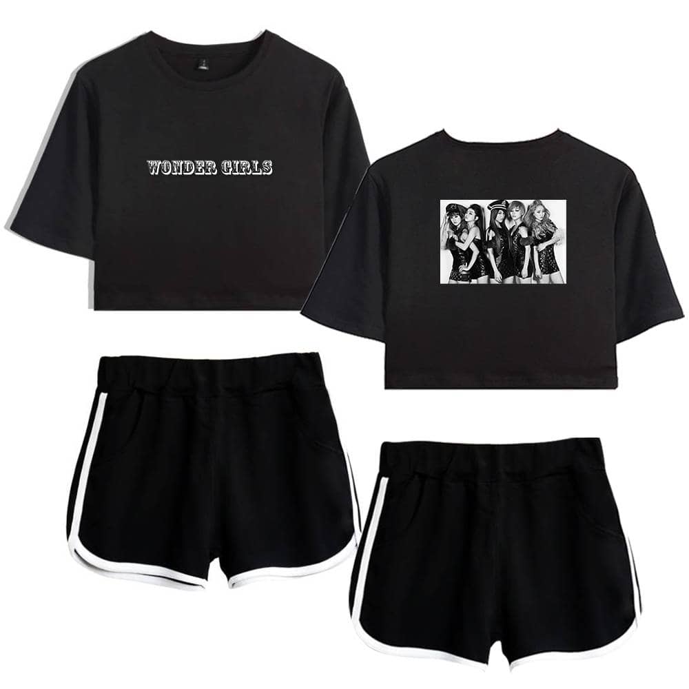 Wonder Girls black crop top and shorts set with graphic print, perfect for casual or sporty look. The top features 'WONDER GIRLS' text and a group photo on the back.
