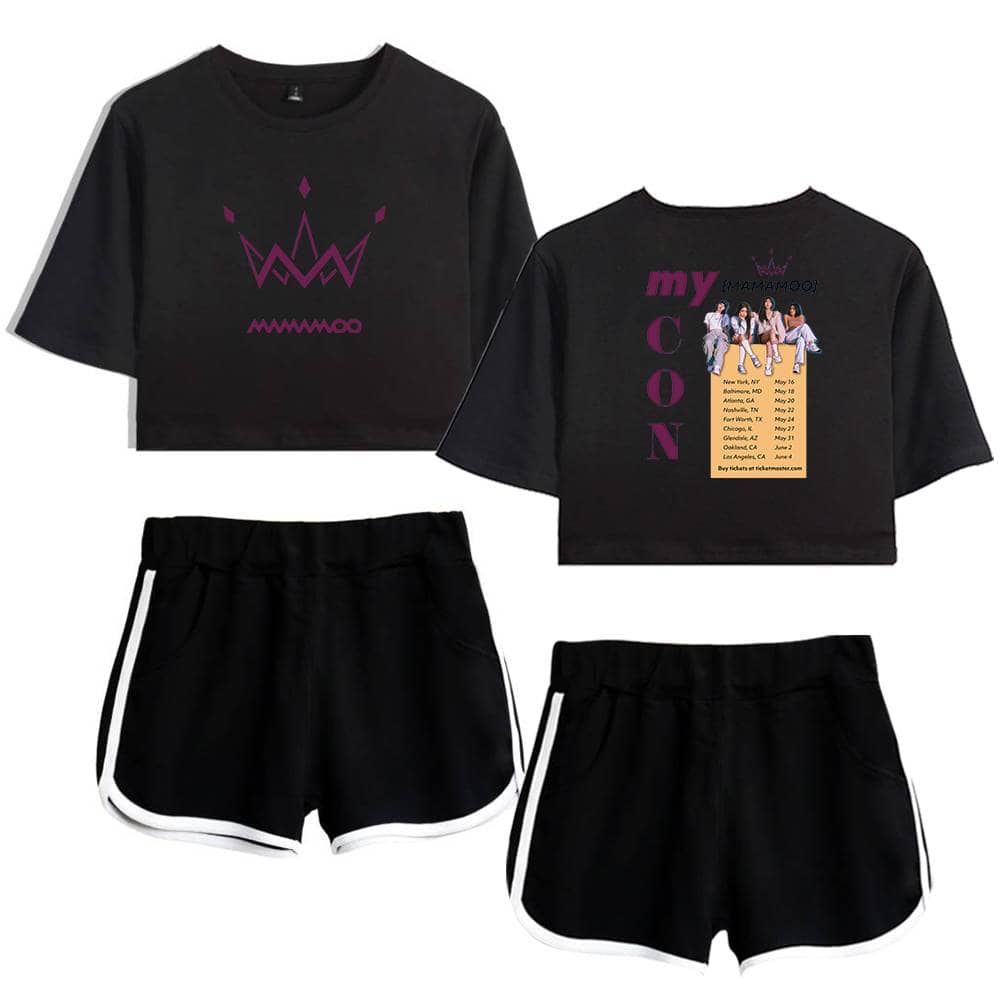 Black crop top with purple crown graphic, paired with black shorts with white trim, and a graphic T-shirt featuring a group of women and tour dates.
