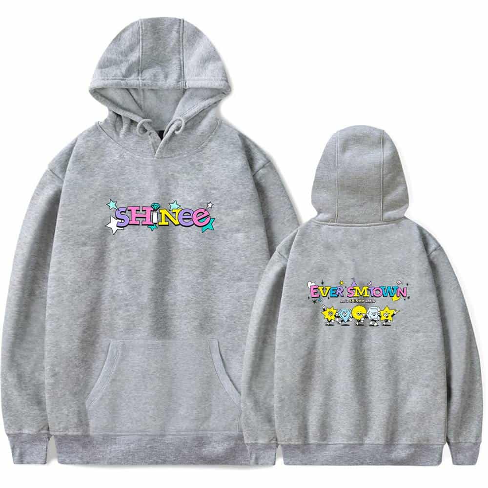 Bright gray hoodie featuring colorful "SHINee" and "EverSMTown" graphics with cartoon characters, stars, and vibrant text, perfect for fans of the K-pop group Shinee.