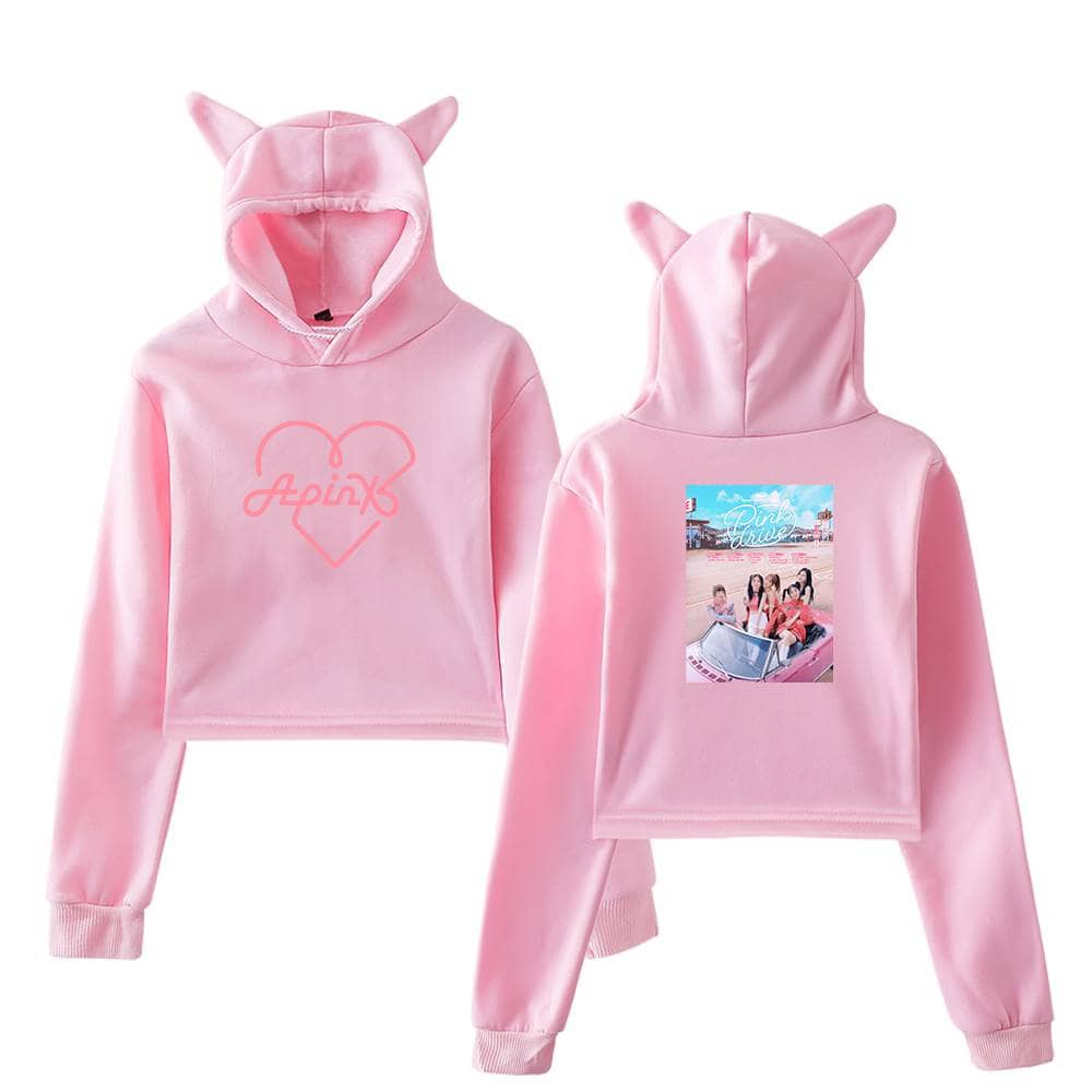 Soft pink hoodie with "Apink" logo and butterfly ears, featuring a fun printed back design, perfect for fans and casual wear.