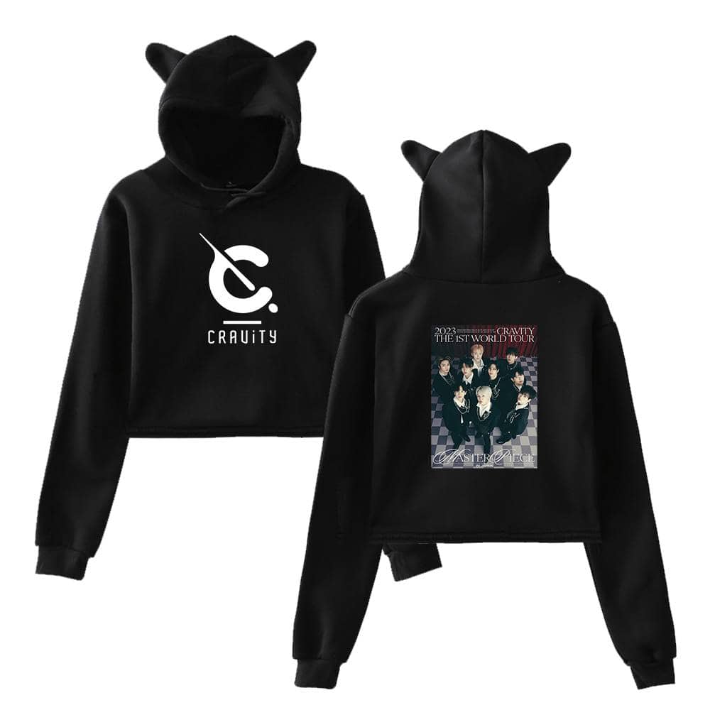 Comfortable black hoodies featuring cat ears on the hood, with one displaying a logo and the other showcasing a band promotional graphic, perfect for fans of K-pop and streetwear fashion.