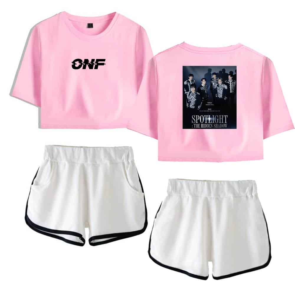 ONF pink crop top and white shorts set with black trim, featuring band logo and concert graphic, perfect for casual wear or fan gatherings.