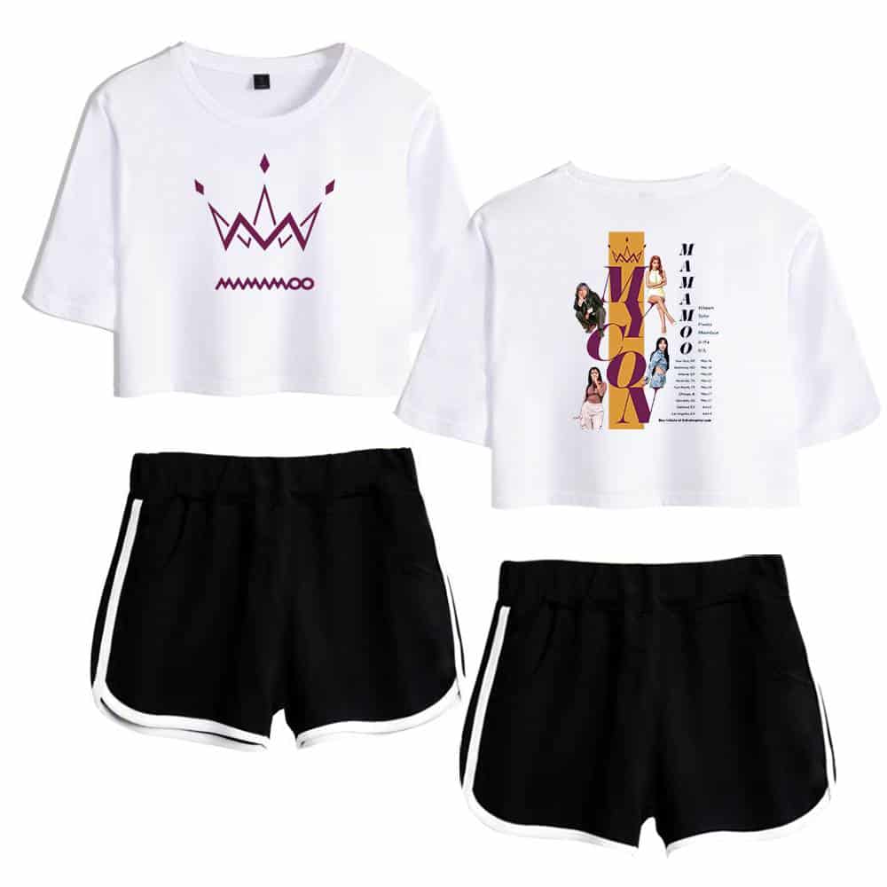 Pink crown graphic on white cropped t-shirt with black athletic shorts featuring white side stripes, casual and trendy women’s streetwear merch.