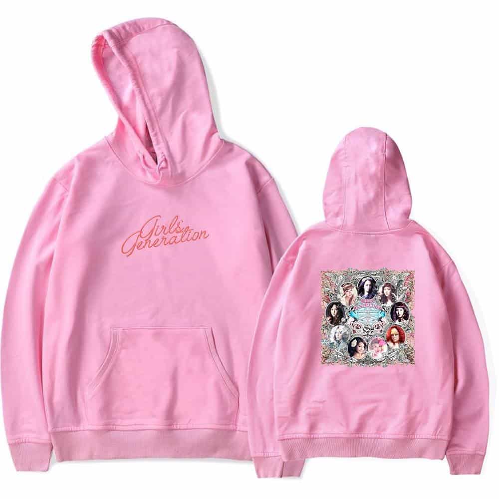Girls Generation pink hoodie featuring a front "Girls Generation" embroidery and a back graphic with images of the group members, perfect for fans.