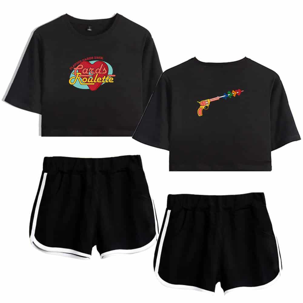 Paris roulette graphic t-shirt and shooter gun graphic crop top, black shorts with white trim for casual sporty style merchandise, perfect for streetwear or lounge outfits, featuring bold graphics and comfortable fit for everyday wear.