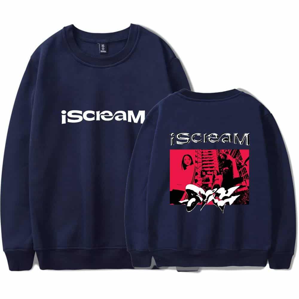 "iScream" sweatshirt with graphic print on back and bold logo on front, navy blue color.