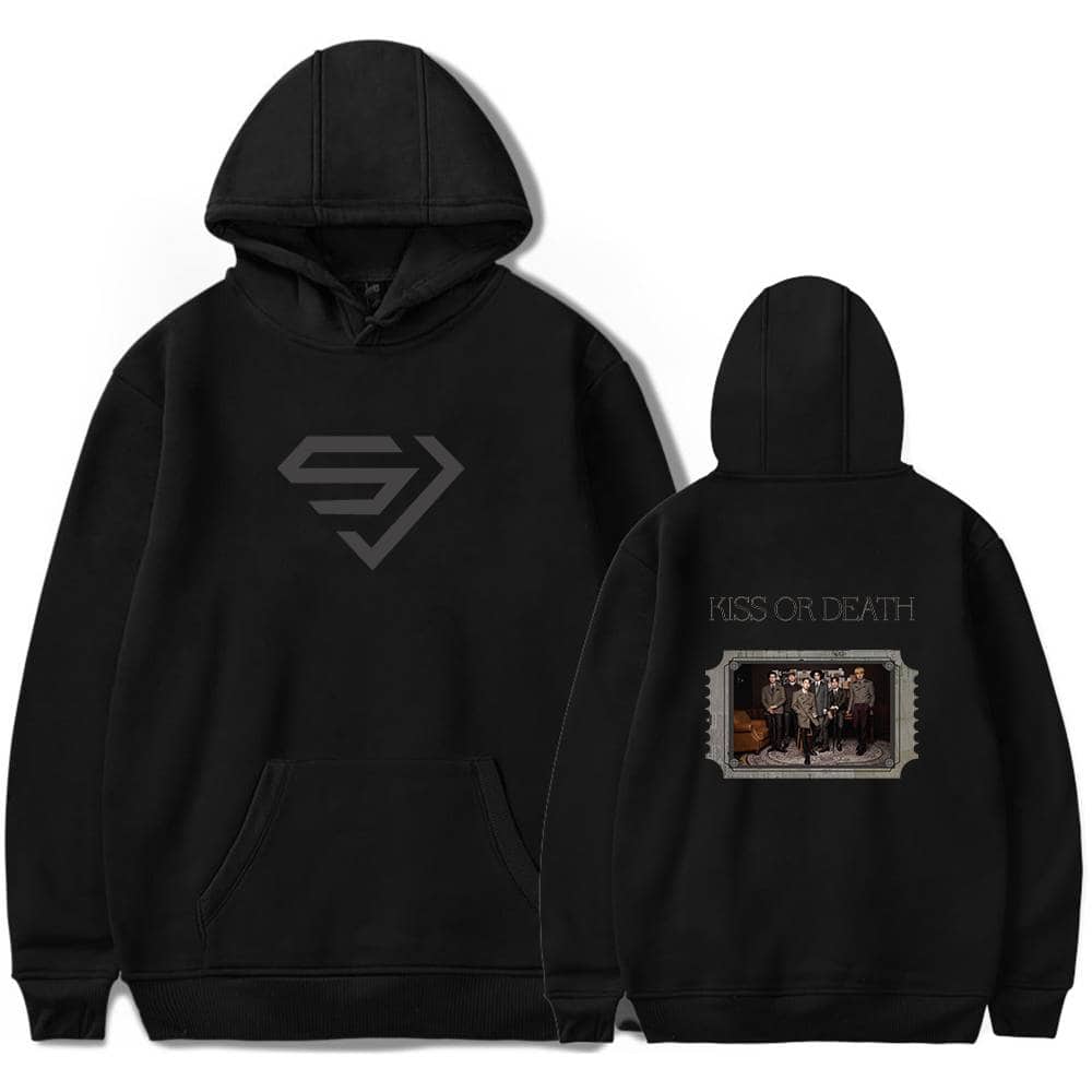 Black hoodie with a geometric logo on the front and a "KISS OR DEATH" graphic with a group photo on the back, perfect for fans of the band.