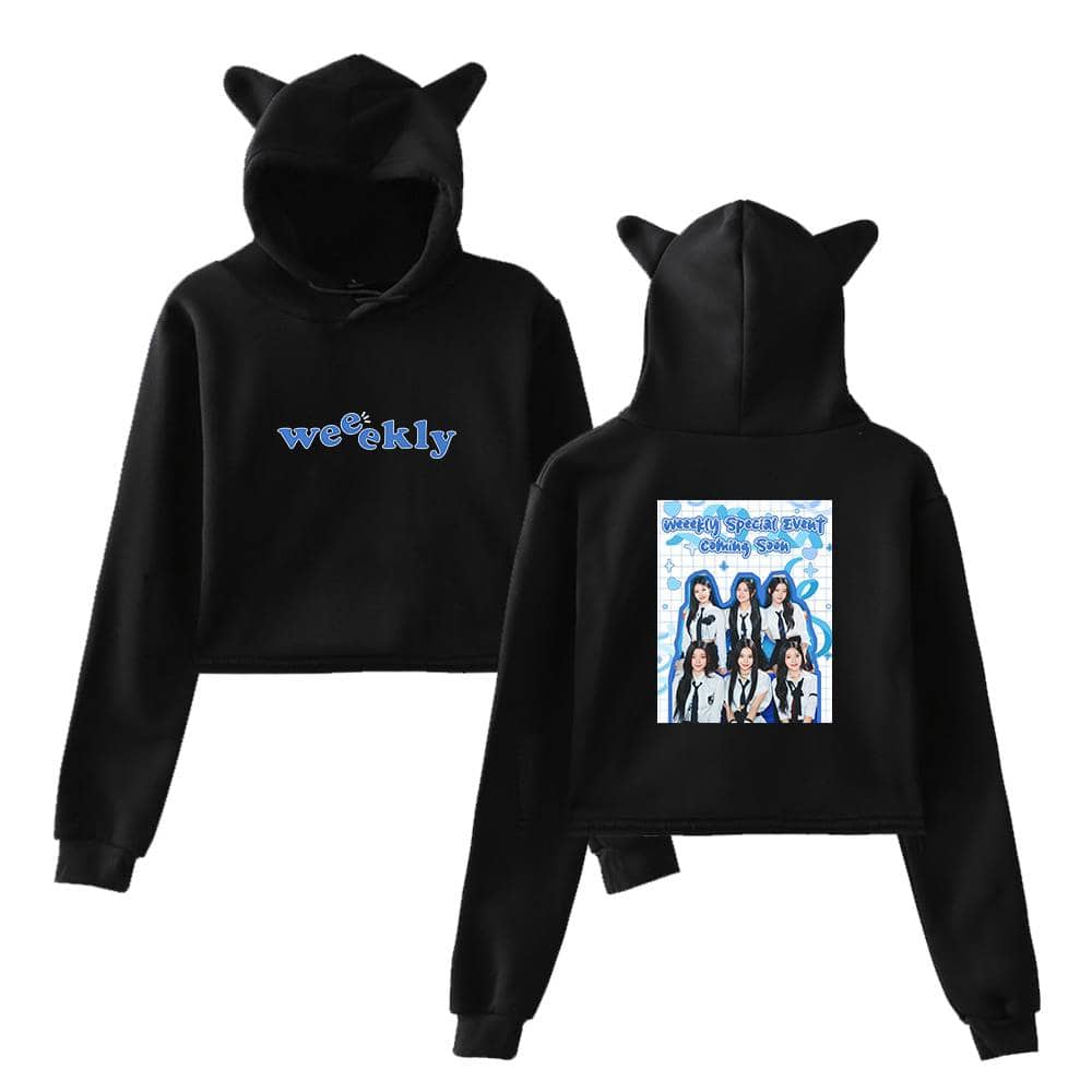 Weeky hoodie with animal ears and graphic print on back, stylish and cozy merchandise for fans.