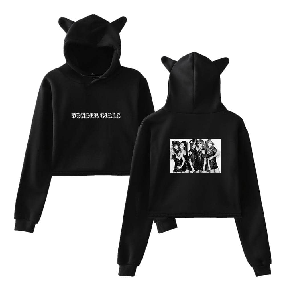 WONDER GIRLS hoodie with cat ears, featuring the group's logo and black-and-white photo print, made for stylish fans of the K-pop girl group, perfect for casual wear and concerts.