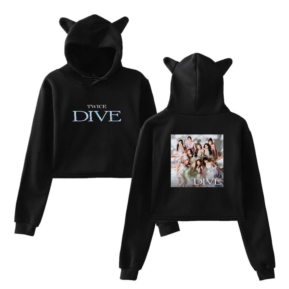 Black hooded sweatshirt with cat ears, featuring "TWICE DIVE" text on the front and a group photo of TWICE members on the back, designed for fans of the K-pop group.