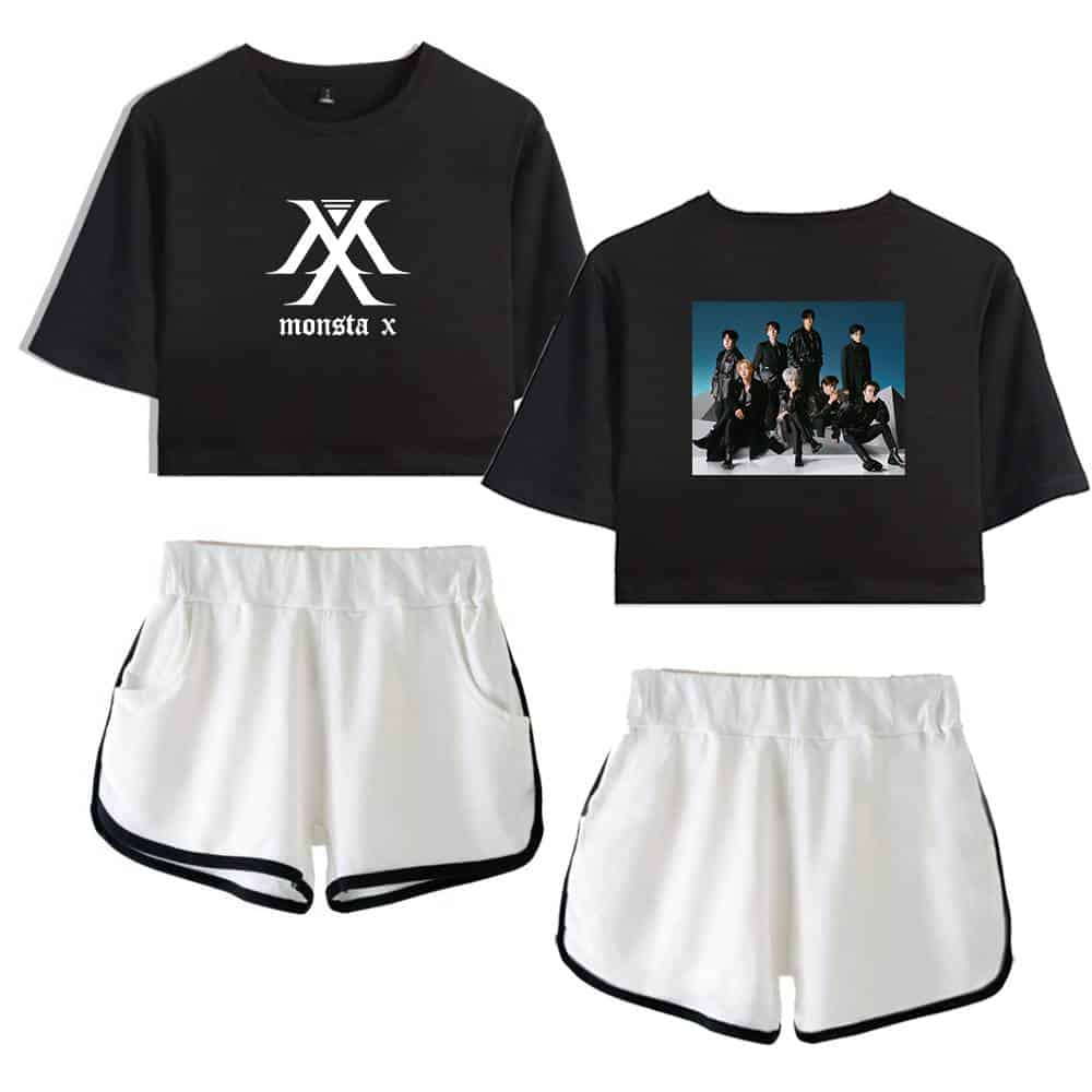 Monsta x black and white crop top and shorts set with band logo and group photo, casual streetwear merchandise for fans.